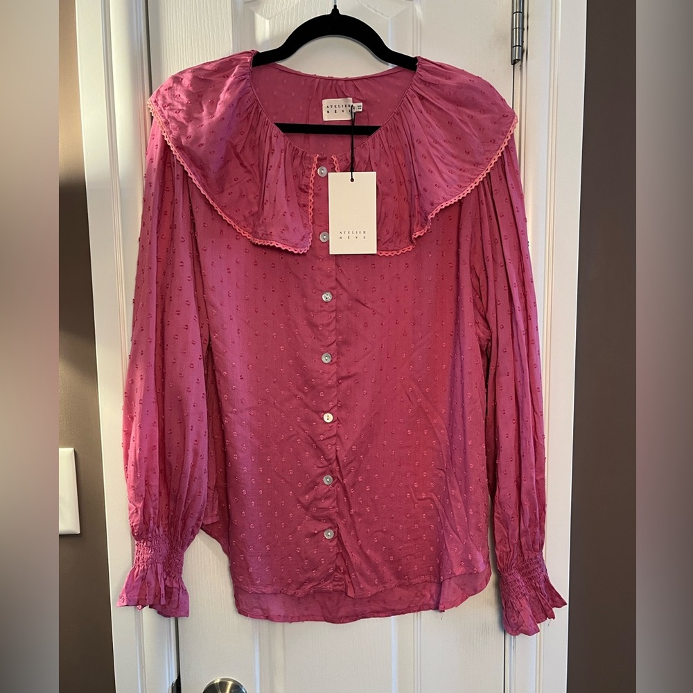 Atelier Rose Long Sleeve Swiss Dot Blouse NWT